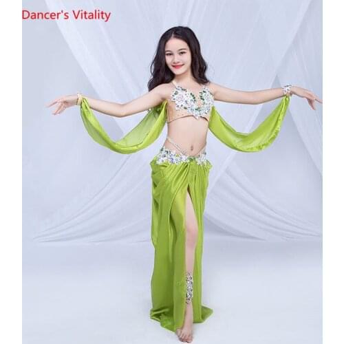 Children Girls Belly Dance 4 Colors Diamond Bra with Ribbon Skirt 2 Pieces Set Oriental Indian Dancing Race Performance Costume