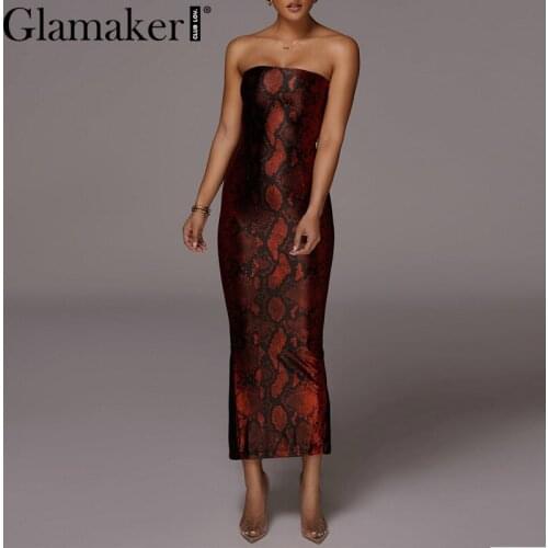 Glamaker Off shoulder sexy high waist long dress Women snake print sleeveless vestidos Party Club Outfits Fashion Robe