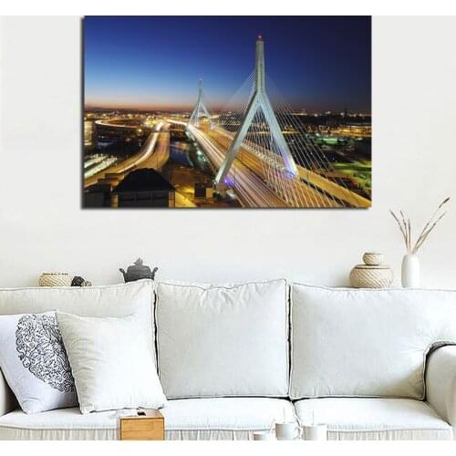City Flow Bridge Boston Nightscape Art Canvas Poster Painting Oil Wall Picture Print Modern Home Bedroom Decoration Accessories