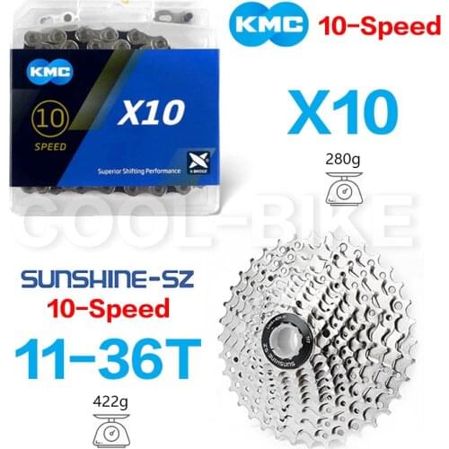 Sunshine Road MTB Cassette 10S Set 11T-25/28/32/36/40/42/46/50T with KMC X10 Bike Chain 4601 10V Sprockets for Shimano 10 Speed