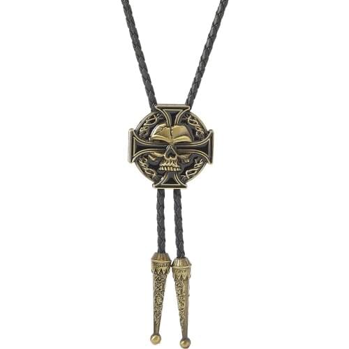 European and American leather Bolo Tie punk skull cross zinc alloy leather necklace novelty gift bow tie
