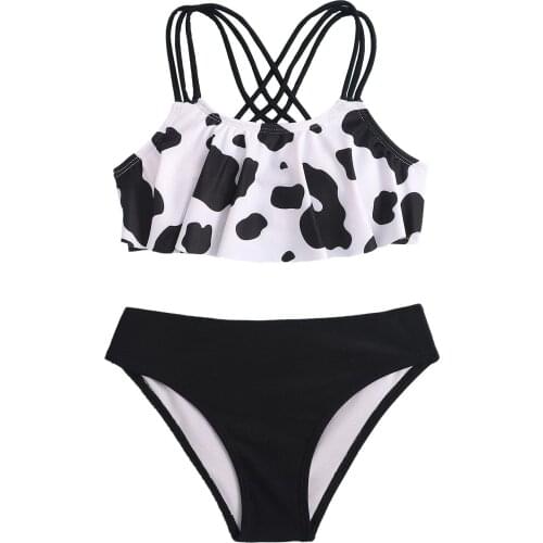 Toddler Girls Swimwear 8-13 Years Old Cow Prined Swimsuit Cute Crisscross Back Bikini Swimming Beachwear Beach Kids Bathing Suit