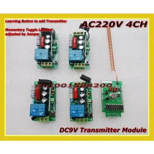 MCU Encoder Transmitter Module 4CH Long Range 4km+4 pcs AC220V Relay Switch 10A Learning Code M4 T4 L4 adjuste by Jumper
