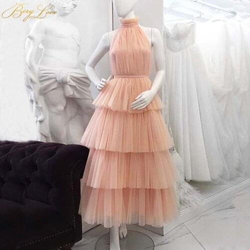 Tiered Prom Dresses Pink Long Fairy Gown Halter Neck Sexy Open Back A line Young Girl Evening Dress Pleated Party Formal Dress