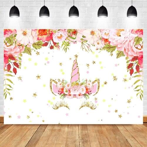 Mocsicka Gold Unincorn Birthday Party Banner Backdrop Pink Flower Baby Shower Photography Background