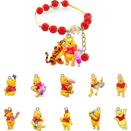 Disney Fashion Bracelet Piglet And Pooh Dancing Shape Pendant Bracelet Resin Hand Strap Red Beaded Bracelet Jewelry