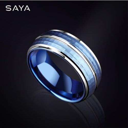 Ring for Men, 8mm Width Blue Color Tungsten Hammer Ring for Wedding Band Comfort Fit, Free Shipping, Customized