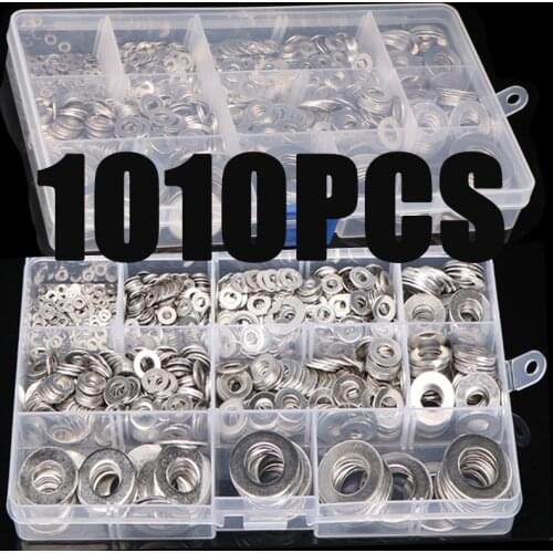 1010pcs Stainless Steel Washer Set M2 M3 M4 M5 M6 M8 M10 M12 Washer Flat Washers Ring Plain Washer Gaskets Assortment Kit