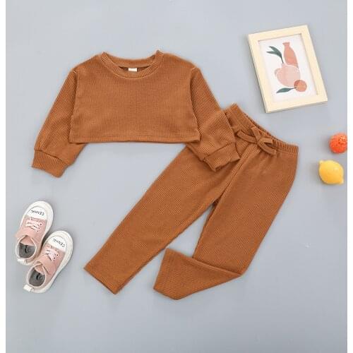 3-8T Children Kid Autumn Clothing Sets Toddler Girl Solid Long Sleeve Pullover Cropped Tops+Elastic Waist Trousers Outfits