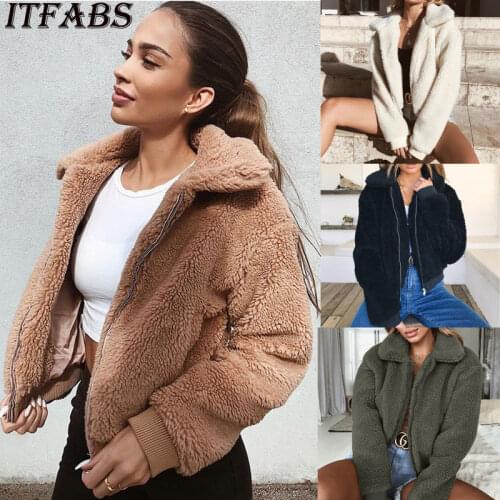 Faux Fur Coat Jacket For Women Winter Warm Fashion Casual Loose Long Sleeve Short Tops Outwear Overcoat Stand Collar Jacket