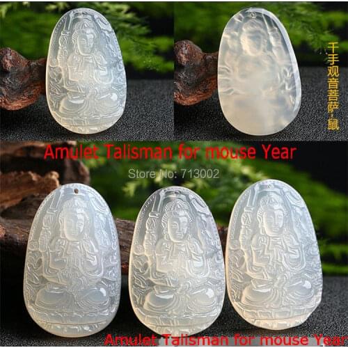 Hand Carven White agate Pendant chalcedony Amulet Buddha Statuary Bless Chinese Mouse year