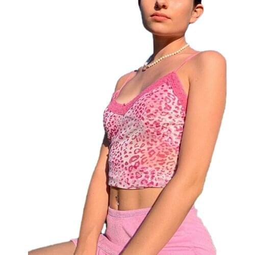 Sexy Pink Lace Leopard Print Women Sling V Neck Slim Fit Club Holiday Casual Crop Tops Tank Tops Streetwear Homewear