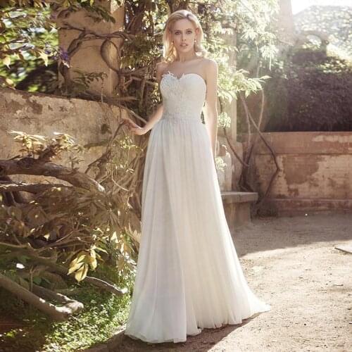 Chiffon Sweetheart Lace Strapless Wedding Dresses Simple Boho Beach Mariage Appliques Bridal Gowns Lace-Up A-Line Robe De Mariée