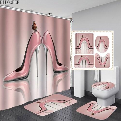 Pink High Heel Bathroom Curtains Butterfly Fabric Shower Curtain Set Bath Mats Rugs Fashion Pedestal Toilet Cover Non-Slip Rug