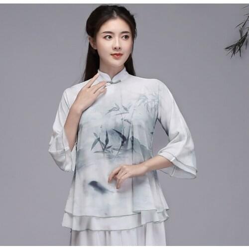 Traditional Chinese Print Flower Women Tang Coat Tops Sexy Slim Shirt Soft Green Satin Blouse Vintage Classic Clothing 10415