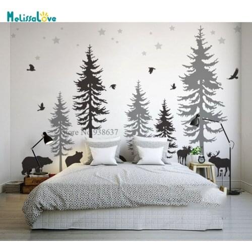 Pine Tree Nursery Wall Sticker Decor Baby Room Stars Nature Woodland Moose Bear Fir Forest with Bird Removable Decal BD169