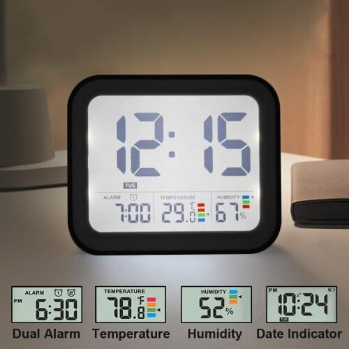 Smart Digital Alarm Clock Dimmable LED Backlight Dual Alarm with Snooze Temperature Humidity Ultra Clear Wake up Clock Traveling