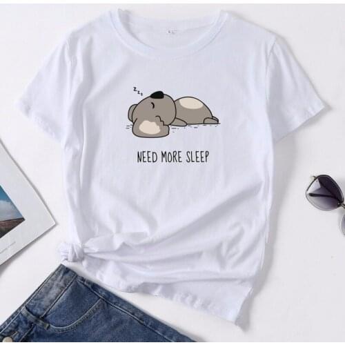 Women Summer Short Sleeve 100% Cotton T shirt Oversize Lazy Sleep Koala Print Casual T-shirt O Neck Lady Tee Top