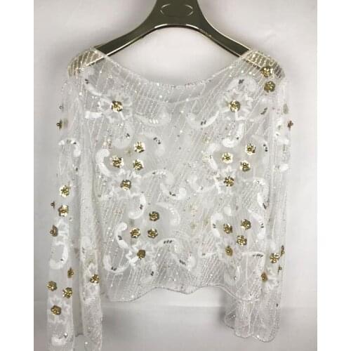 Womens Luxury Vintage Shiny sequins paillette Beaded Shirt Female Club Party Dancing Performance Pullover lace Tops Tees TB597