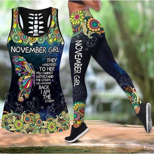 Womens Over Printed Yoga Suit Butterfly Nove Mber Girl 3D Printing Hollow Vest Tank Top High Waist Leggings Sports Ladies Suit