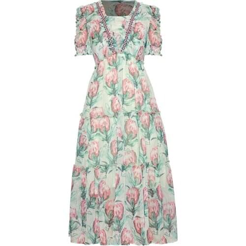 Summer Runway Fashion Women Square Collar Beading Flower Print Ruffles Waist Elastic Party Long Elegant Dress