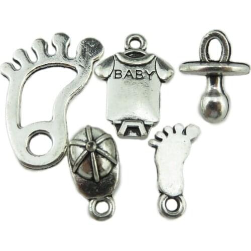 5PCS MIX Silver Words Baby Feeding Nipple Cloth Top Peaked Cap Footprint Pendant