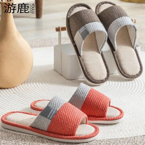 Free Shipping New Summer Patchwork Linen Slippers Couples Indoor Fashion Non-slip Hemp Shoes Ladies Soft Sandals Man Sildes