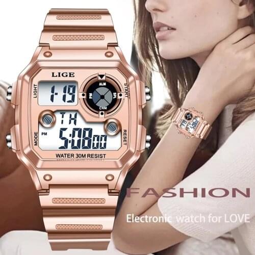 LIGE Fashion Women Sports Watches Waterproof Ladies Student Multifunctional Wristwatch LED Digital Quartz Pink Watch Girl Clock