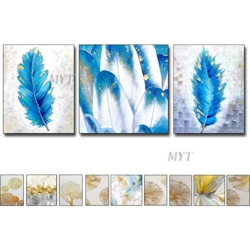 Pure Hand-painted New Gold Foil Feather Oil Painting Home Decor 3 Panel Canvas Wall Art Large 3 Pieces Art For Home Living Room
