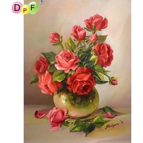 DPF DIY round diamond painting pink rose vase cross stitch diamond painting embroidery mosaic decoration birthday child art gift