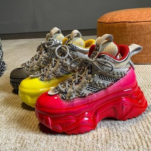 European womens trendy rhinestone high-top shoes 2020 new thick-soled leather platform shoes increase daddy shoes ins hot sale