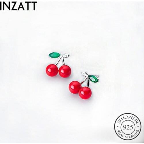 INZATT Real 925 Sterling Silver Enamel Pearl Fruit Red Cherry Stud Earrings Fine Jewelry For Women Minimalist Accessories gift