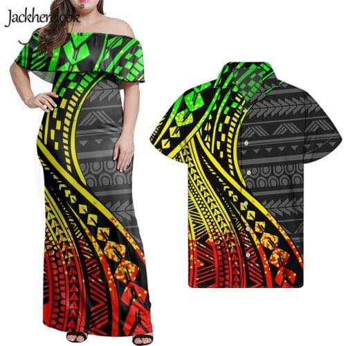 Jackherelook Hot Sale Gradient Polynesain Tribal Tattoo Print Summer Hawaiian Top for Couples Outfits Sexy Off Shoulder Dress