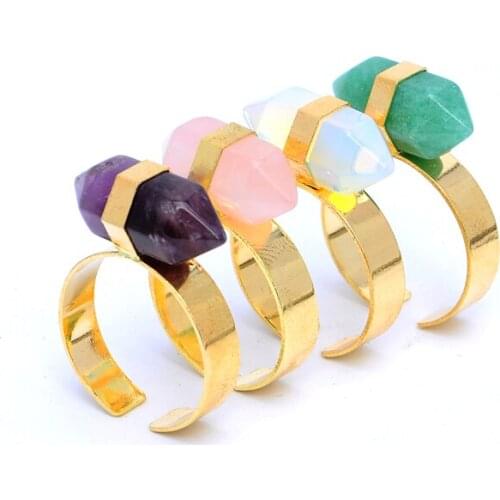 Trendy New Gold color Unique Colorful Natural Stone Quartz Crystal Adjustable Ring For Women Bague Femme