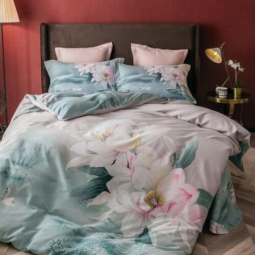 Lotus 100% Cotton Sanding Printed Flower Bedding Set Wedding Bed Sheet set Duvet Cover Pillowcase Queen King 4pcs rose lily blue