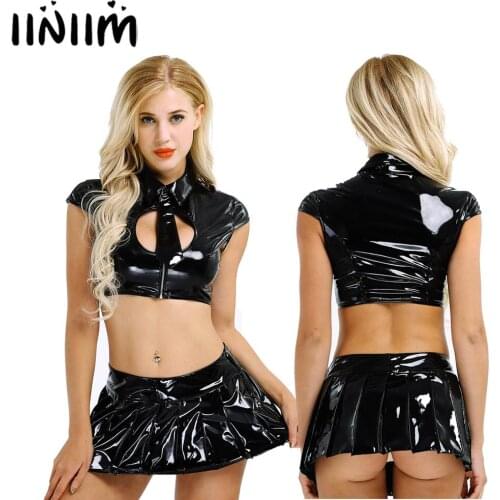 Womens Exotic Costumes Sets Sexy Clubwear Wetlook Latex Leather Bunny Girls Lingerie Parties Crop Tops with Mini Pleated Skirt