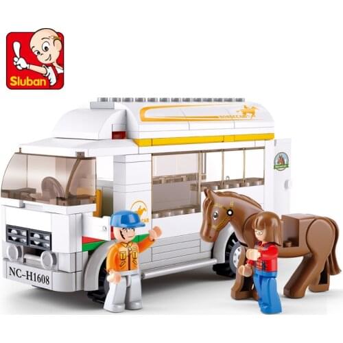 SLUBAN City Horse Car Pasture Bus White Van MOC Figures DIY Building Blocks Bricks Classic Model Toys For Children Gift 170PCS