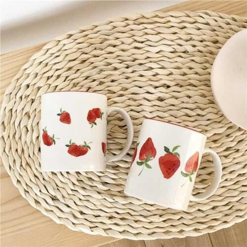 Cartoon Cute Mug Strawberry Print White Ceramic Smoothie Creative Mug Nordic Reusable Tazas Desayuno Kitchen Supplies DE50MK