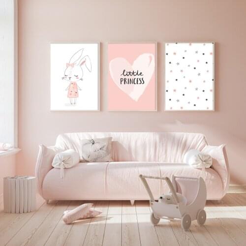 Little Princess Wall Art Canvas Painting Printed Lovely White Pink Rabbit Stars Picture for Lmmature Baby Girl Room Home Decor