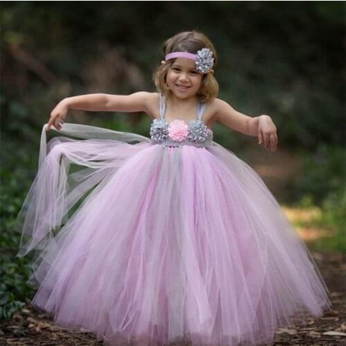 Cute Girls Pink Grey Flower Tutu Dress Kids Crochet Tulle Dress Ball Gown with Strap and Headband Children Party Costume Dresses