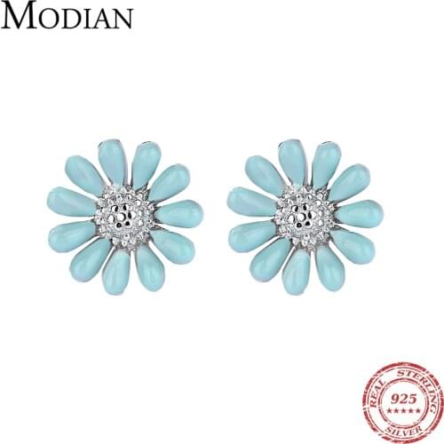 Modian Colorful Flower Enamel Daisy Stud Earrings For Girl Real 925 Sterling Silver Fashion Elegant Clear Zircon Fine Jewelry