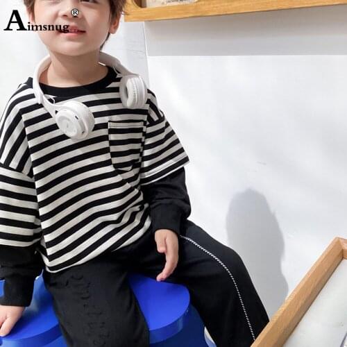 Boy Fashion Stripes T-shirt Kids Long Sleeve Round Neck Tees Children Loose Casual Shirt 2021 Patchwork Top Streetwear