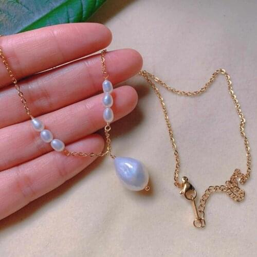 Fashion natural white teardrop pearl gold necklace gift energy Necklace Stone Fashion spirit Spiritual Point Gem pink Pearl