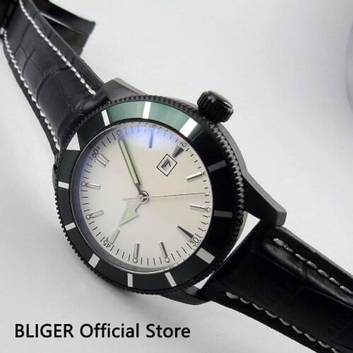 BLIGER 46MM Relojes Hombre 2018 White Sterile Dial Green Bezel Black PVD Case MIYOTA Automatic Movement Mens Watch Relogio BI19