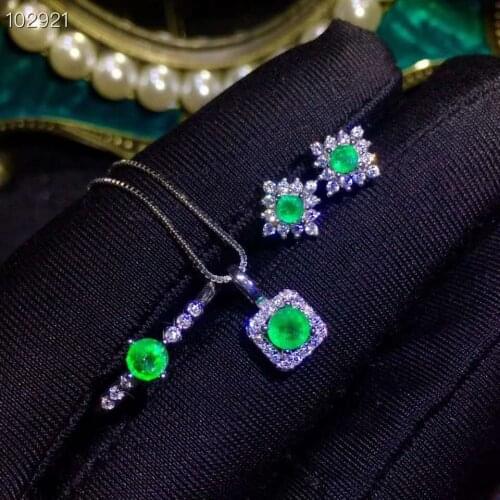 925 Silver Jewelry set Natural emerald Pendant Earring Ring sets Women Jewelry