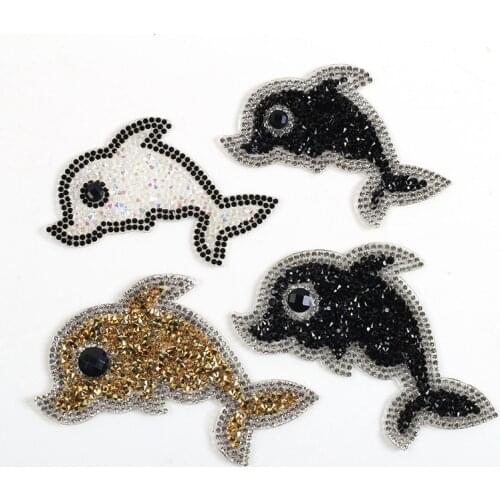 Cute Animal Rhinestone Patches Cute Dolphin Fish Patch Cartoon Clothes Stickers Thermo Badge Applique DIY Iron On Transfer Decor