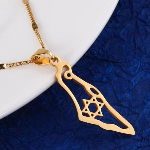 Stainless Steel Israel Map Pendant Necklace Trendy Hexagram Magen David Star of David Jewish Chain Jewelry
