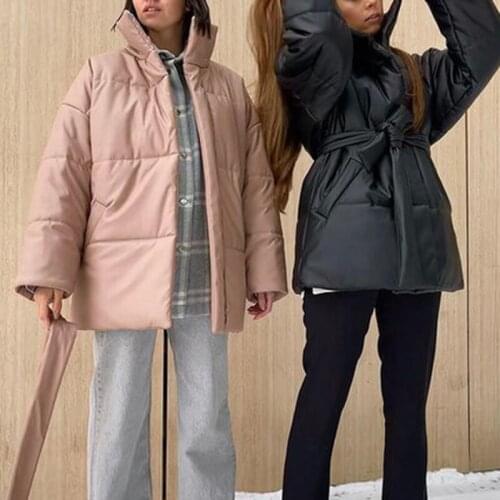 Trendy Collected Waisted Parkas Women Vogue Stand Collar Coats Women Elegant Simple Tie Belt PU Cotton Jackets Female Ladies