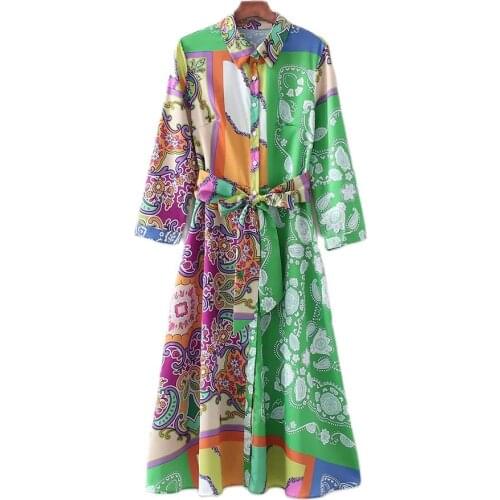 XEASY 2021 Summer Bohemia Women Satin Vintage Print Dress Female Fashion Slim Lapel Belt Single-Breasted Casual Midi Dresses