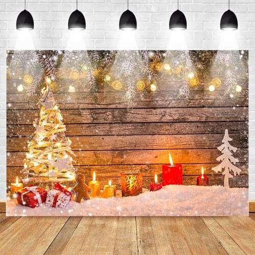 Christmas Photography Backdrop Christmas Tree Bright Lights Background Candle White Snow Retro Wood Vinyl Backdrops for Children